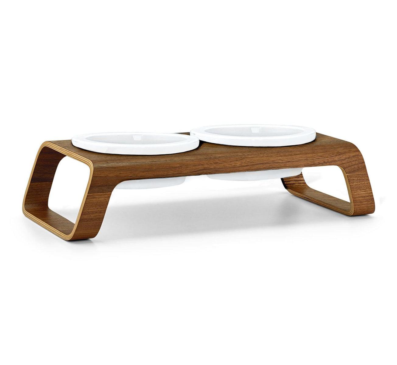 Gamelle pour chien surélevée en bois au style épuré Desco noyer porcelaine petite - kasibe