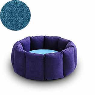 Bloom, un panier apaisant pour votre chat tout en velours aubergine coussin pétrole - kasibe