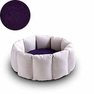 Bloom, un panier apaisant pour votre chat tout en velours crème coussin aubergine - kasibe
