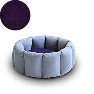 Bloom, un panier apaisant pour votre chat tout en velours gris clair coussin aubergine - kasibe
