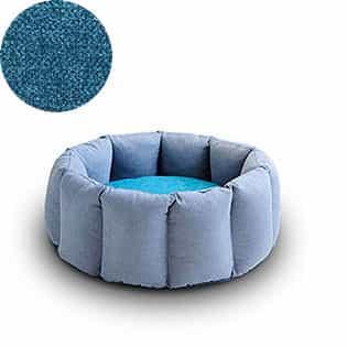 Bloom, un panier apaisant pour votre chat tout en velours gris clair coussin pétrole - kasibe