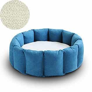 Bloom, un panier apaisant pour votre chat tout en velours pétrole coussin crème - kasibe