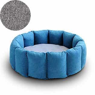Bloom, un panier apaisant pour votre chat tout en velours pétrole coussin gris clair - kasibe
