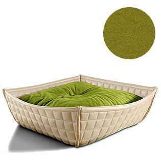 Bowl, un panier pour chat moderne en cuir crème coussin polaire vert- kasibe