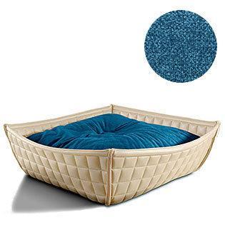 Bowl, un panier pour chat moderne en cuir crème coussin velours pétrole - kasibe