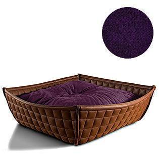 Bowl, un panier pour chat moderne en cuir marron coussin velours aubergine - kasibe