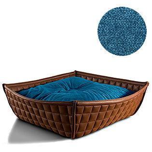 Bowl, un panier pour chat moderne en cuir marron coussin velours pétrole - kasibe