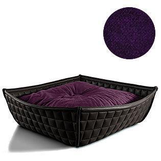 Bowl, un panier pour chat moderne en cuir noir coussin velours aubergine - kasibe