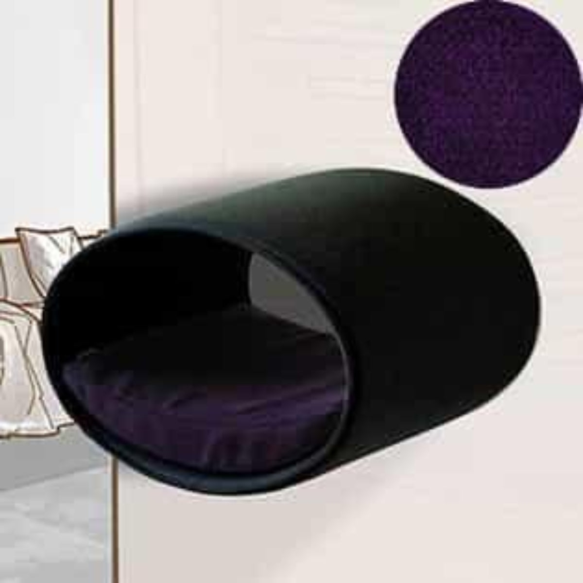 Panier mural pour chat, Rondo un support d'escalade en feutre anthracite velours aubergine - kasibe