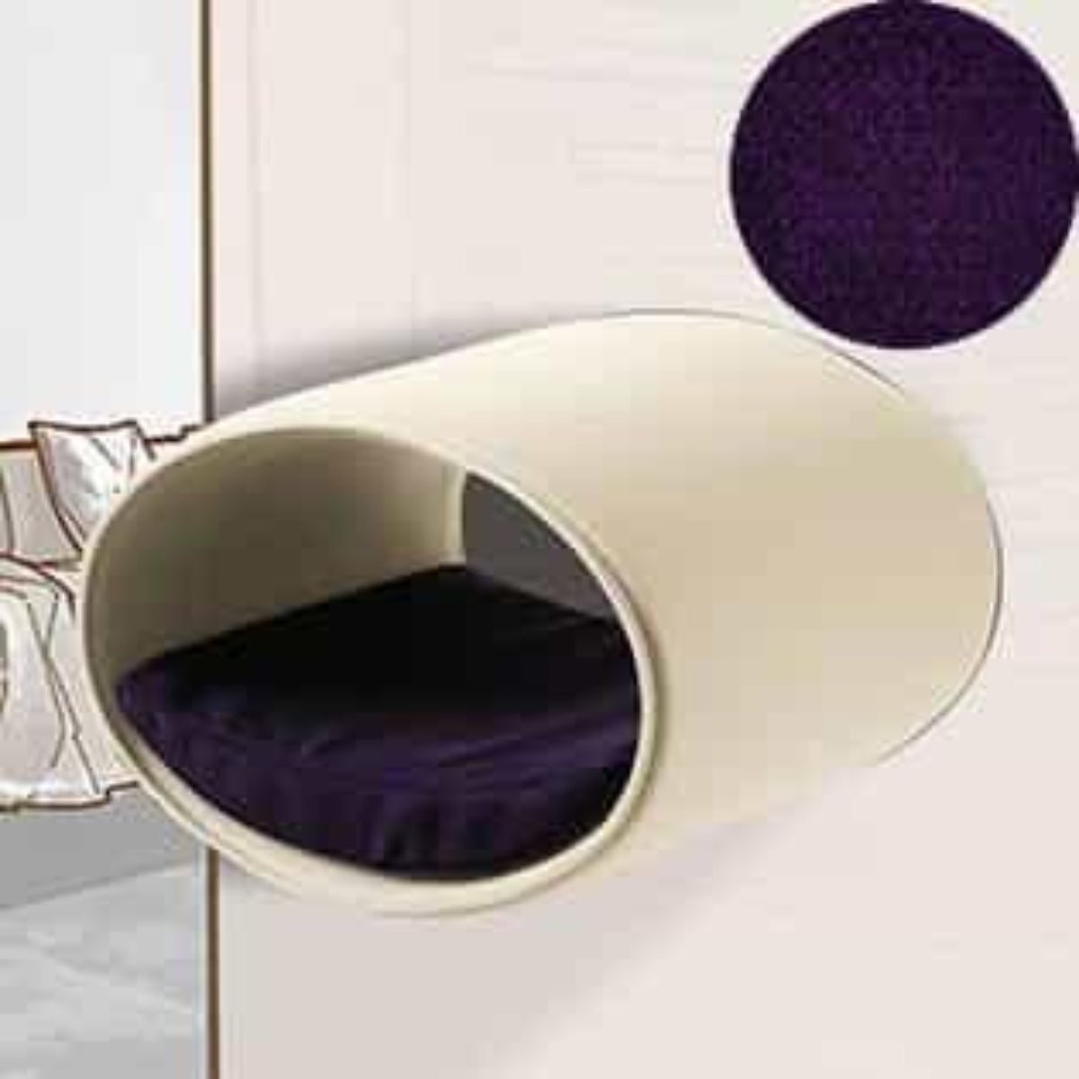 Panier mural pour chat, Rondo un support d'escalade en feutre crème velours aubergine - kasibe