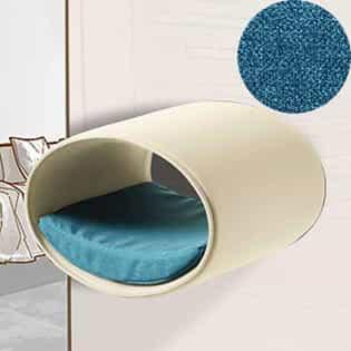 Panier mural pour chat, Rondo un support d'escalade en feutre crème velours pétrole - kasibe