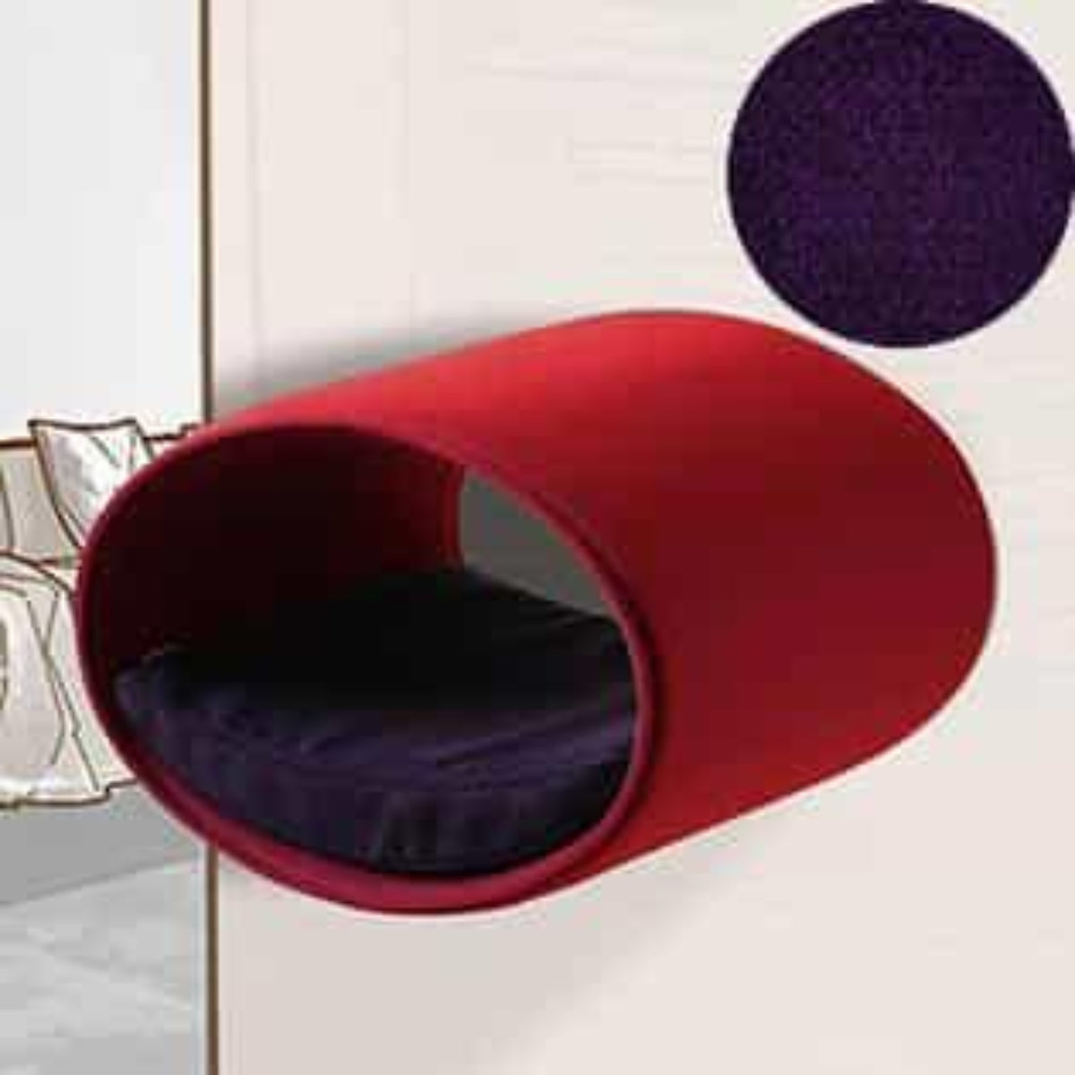 Panier mural pour chat, Rondo un support d'escalade en feutre rouge velours aubergine - kasibe