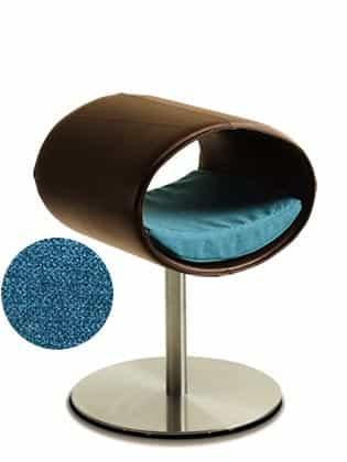 Rondo, un perchoir pour chat design en simili cuir marron coussin pétrole longueur courte - kasibe
