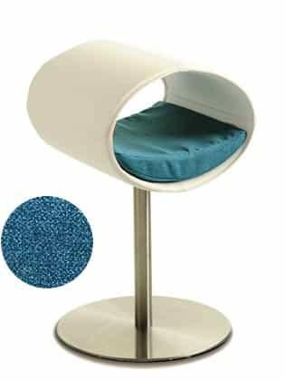 Rondo, un perchoir pour chat design en simili cuir blanc coussin pétrole longueur longue - kasibe