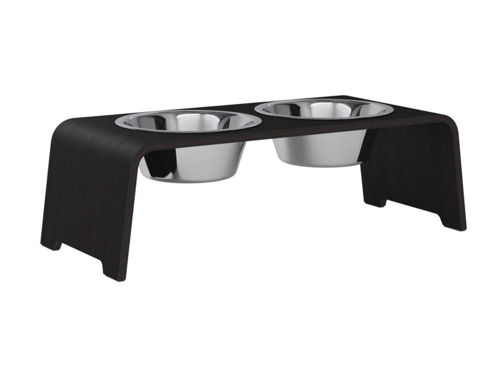 Gamelle élégante pour chien en bois massif dogBar toute en courbe kasibe chêne foncé taille m bol acier