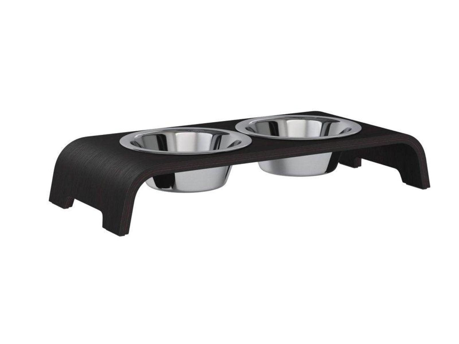 Gamelle élégante pour chien en bois massif dogBar toute en courbe kasibe chêne foncé taille s bol acier