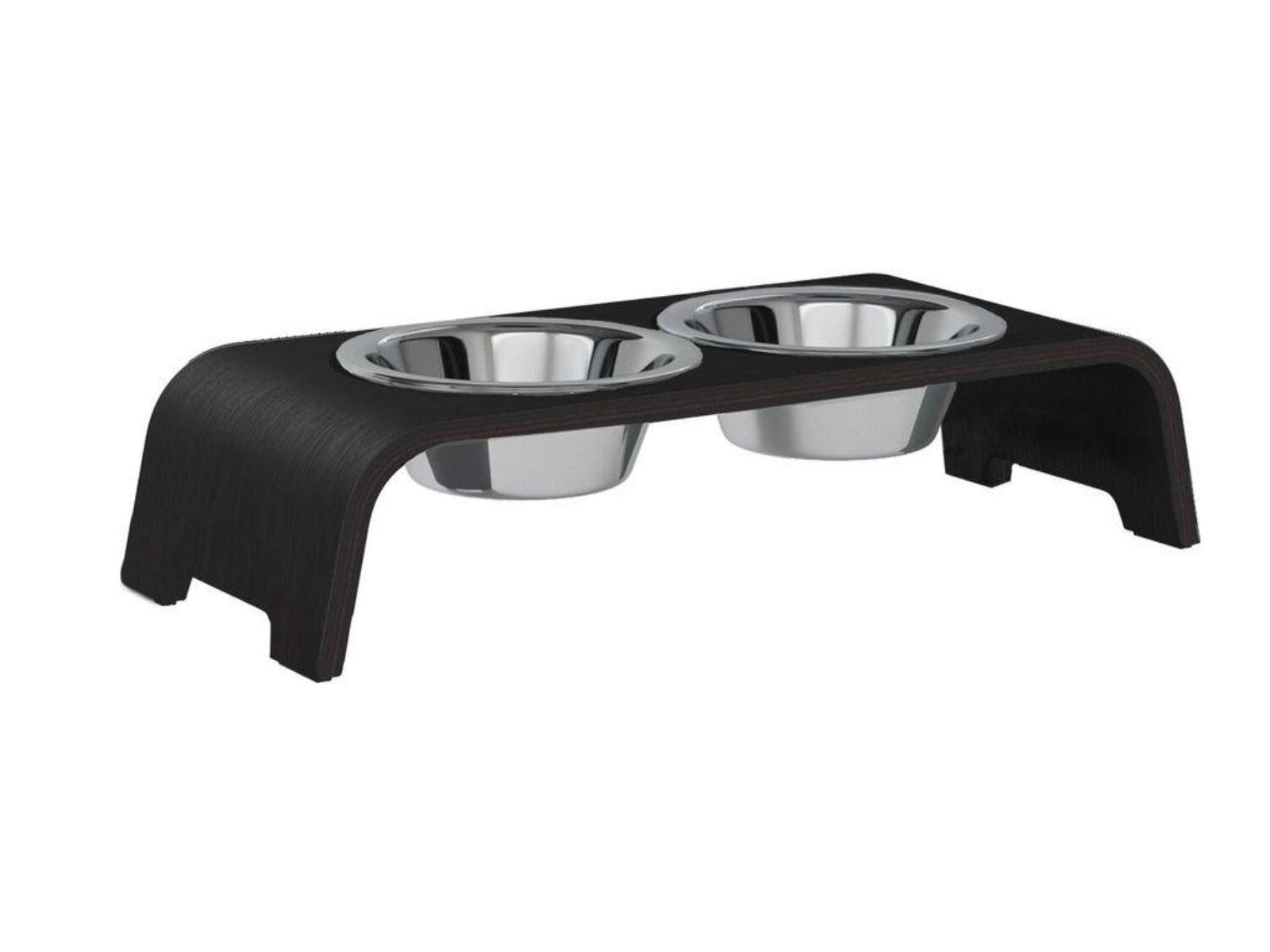 Gamelle élégante pour chien en bois massif dogBar toute en courbe kasibe chêne foncé taille sl bol acier