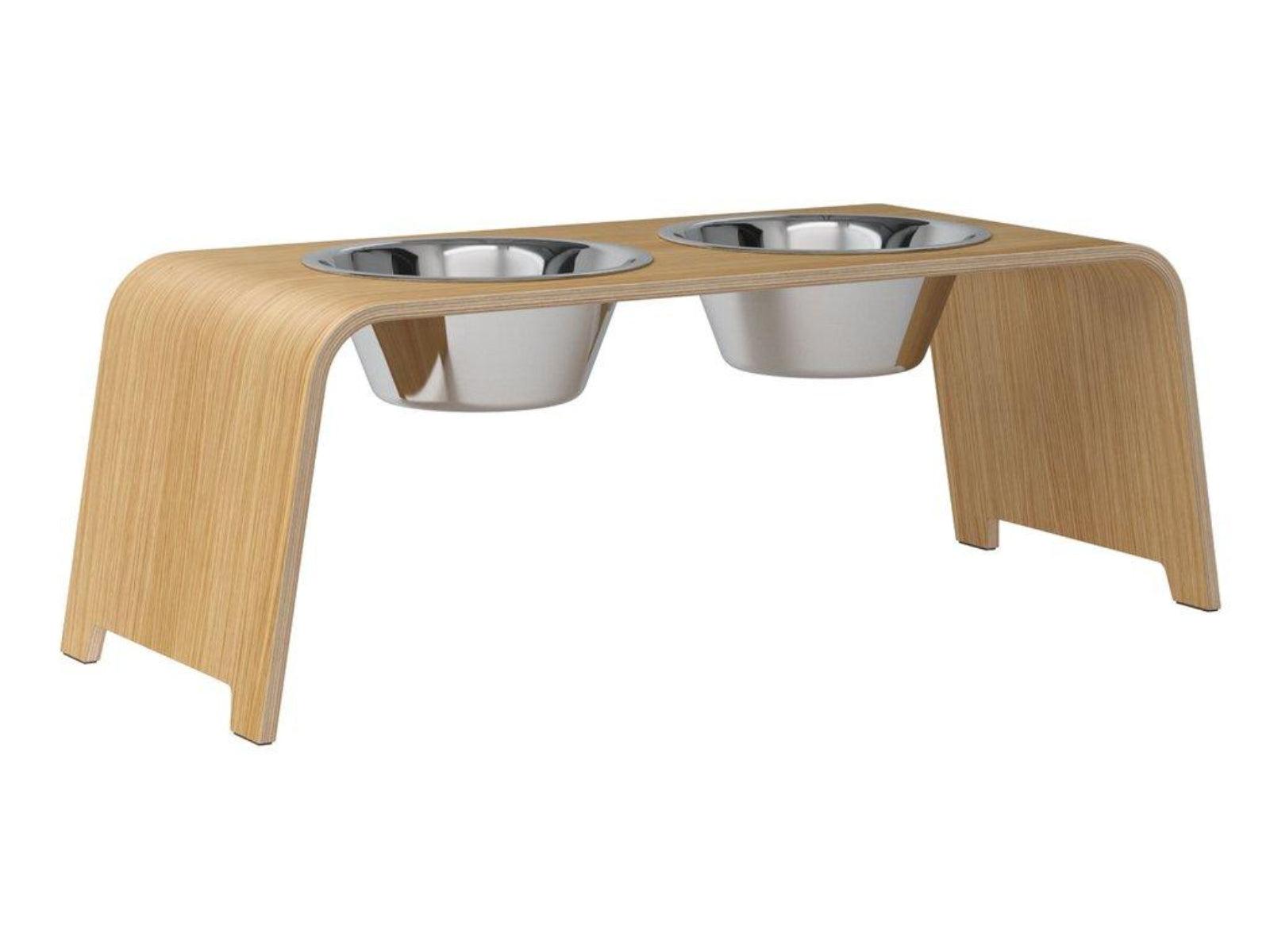 Gamelle élégante pour chien en bois massif dogBar toute en courbe kasibe chêne clair taille l bol acier