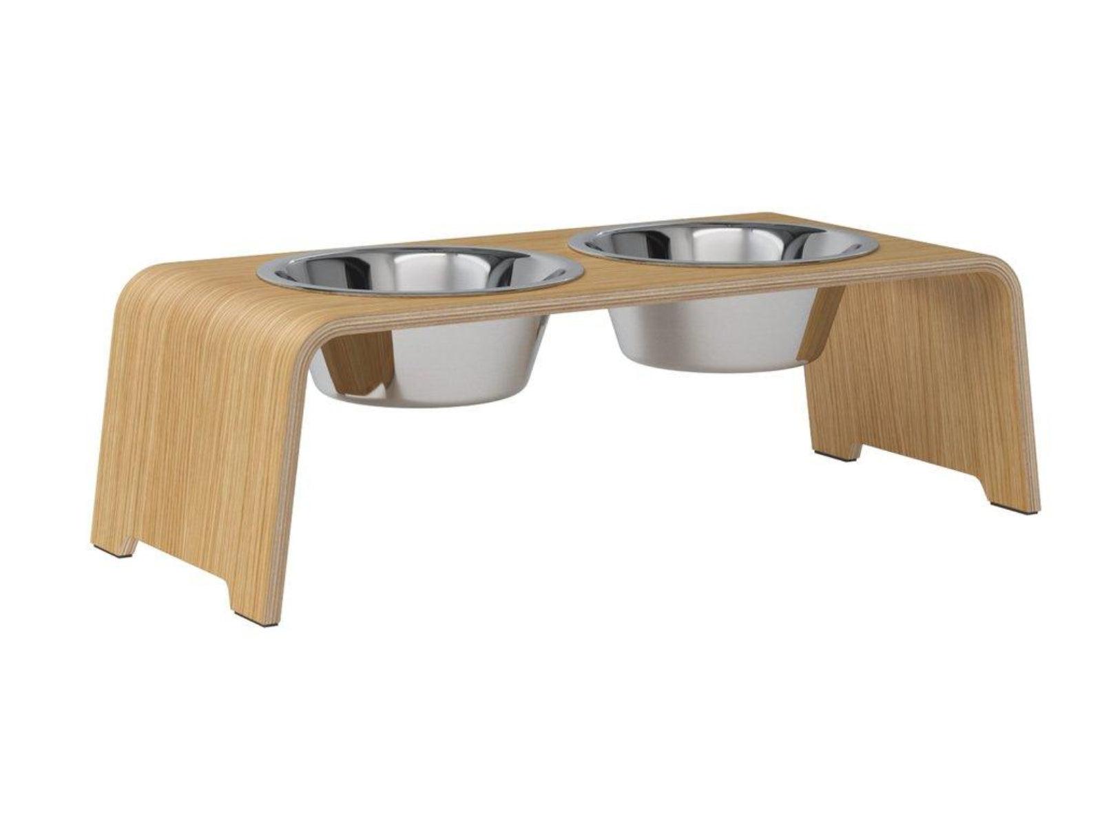 Gamelle élégante pour chien en bois massif dogBar toute en courbe kasibe chêne clair taille m bol acier