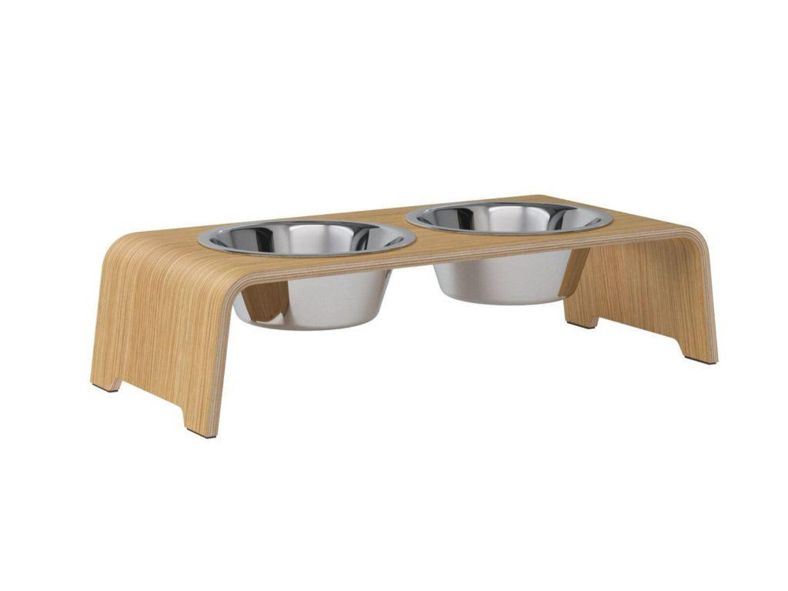 Gamelle élégante pour chien en bois massif dogBar toute en courbe kasibe chêne clair taille ms bol acier