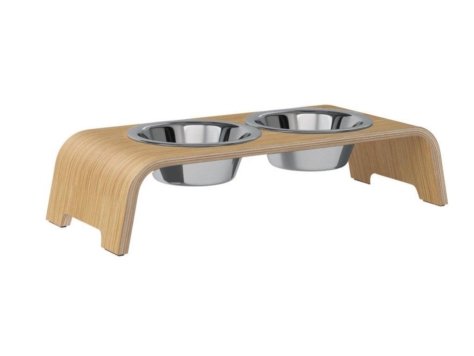 Gamelle élégante pour chien en bois massif dogBar toute en courbe kasibe chêne clair taille sl bol acier