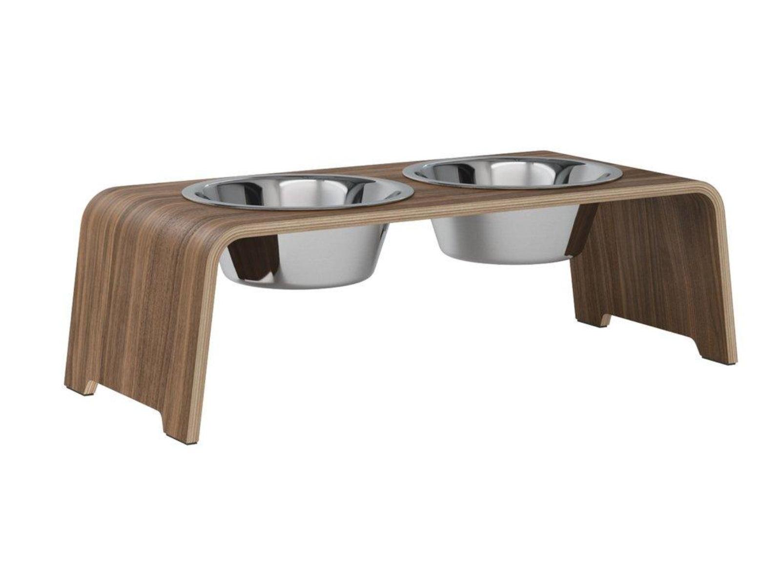 Gamelle élégante pour chien en bois massif dogBar toute en courbe kasibe noyer taille m bol acier