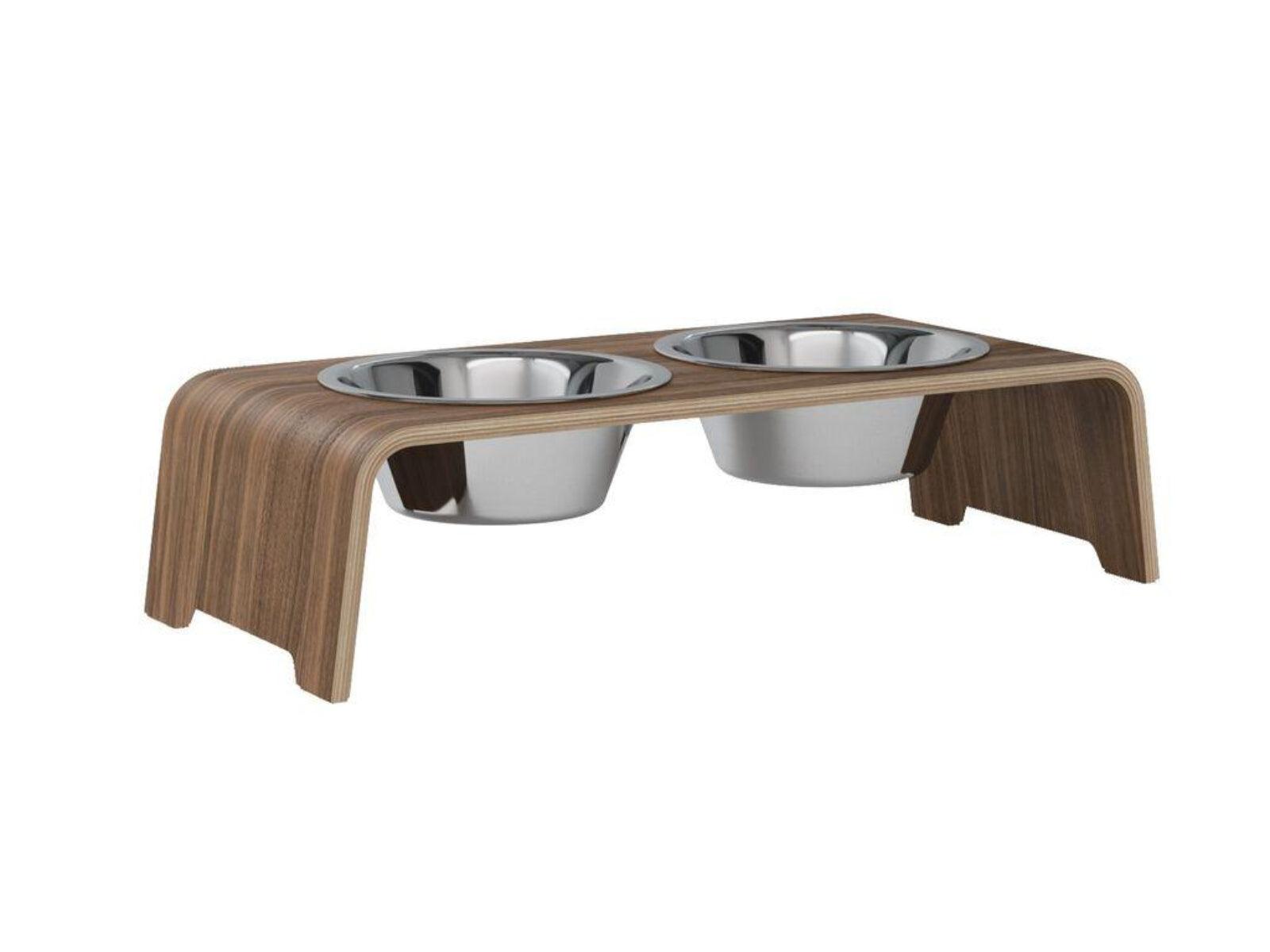 Gamelle élégante pour chien en bois massif dogBar toute en courbe kasibe noyer taille ms bol acier