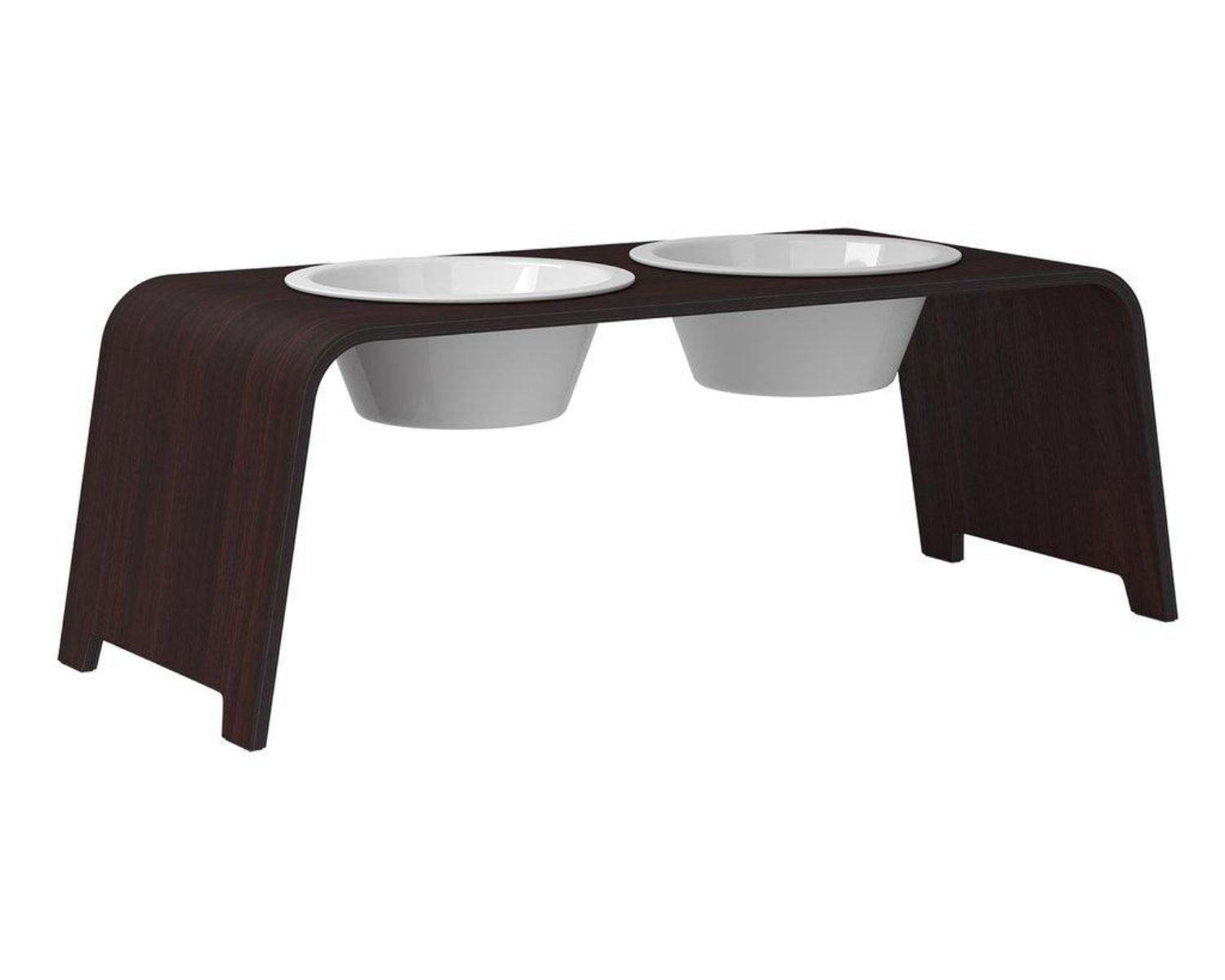 Gamelle élégante pour chien en bois massif dogBar toute en courbe kasibe chêne foncé taille l bol porcelaine