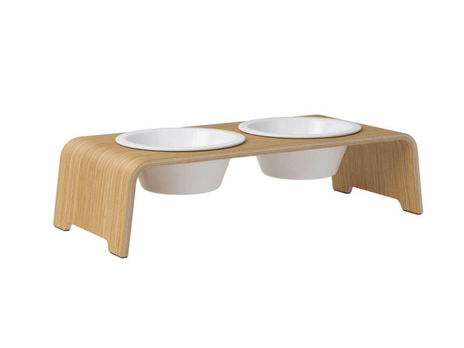 Gamelle élégante pour chien en bois massif dogBar toute en courbe kasibe chêne clair taille ms bol porcelaine