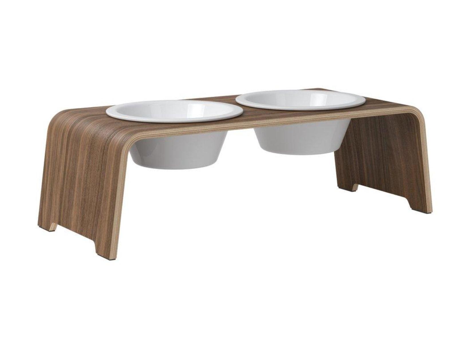 Gamelle élégante pour chien en bois massif dogBar toute en courbe kasibe noyer taille m bol porcelaine