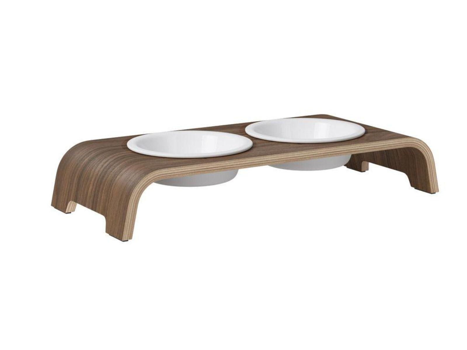 Gamelle élégante pour chien en bois massif dogBar toute en courbe kasibe noyer taille s bol porcelaine