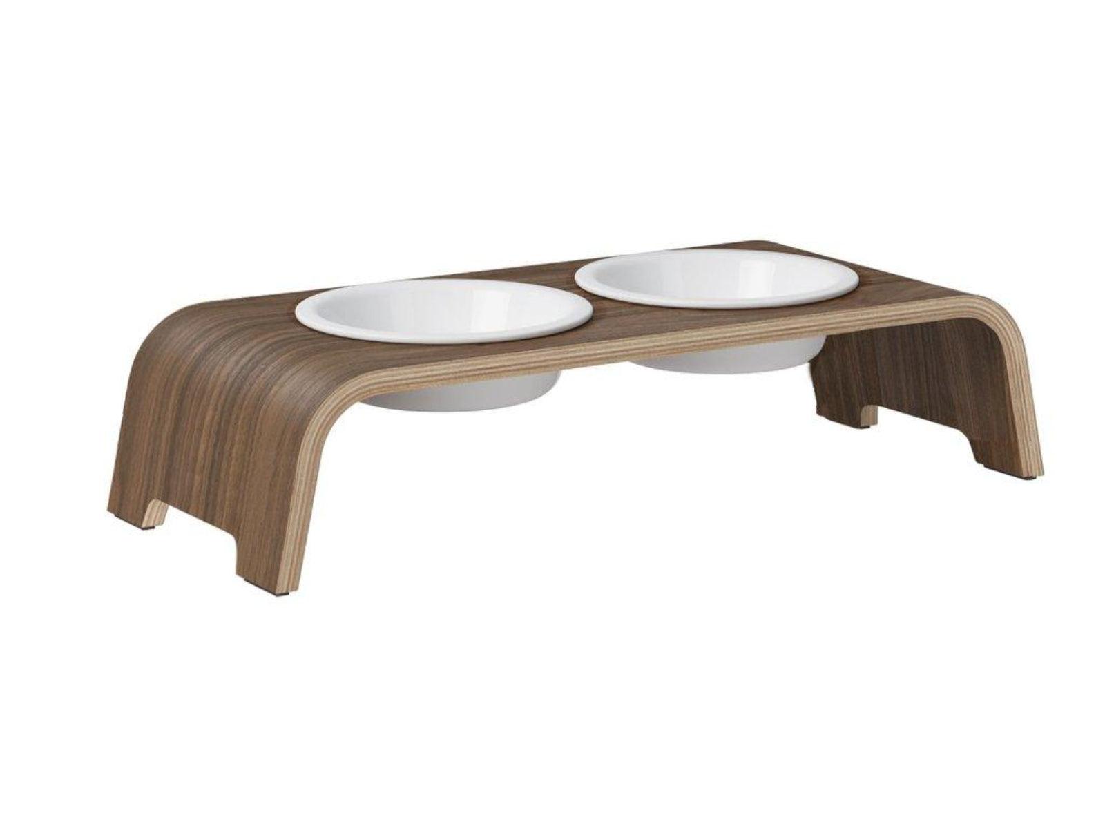 Gamelle élégante pour chien en bois massif dogBar toute en courbe kasibe noyer taille sl bol porcelaine