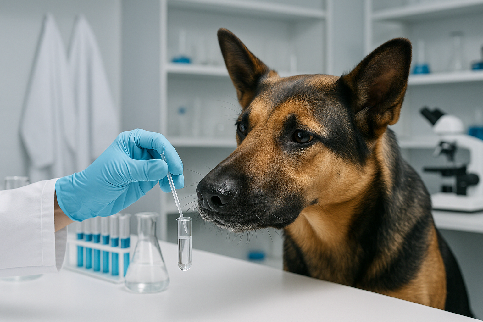 Chien reniflant un échantillon de laboratoire, tests vétérinaires, accessoires pour chien