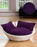 Mila, un panier en forme de corbeille pour chat en cuir blanc coussin aubergine - kasibe