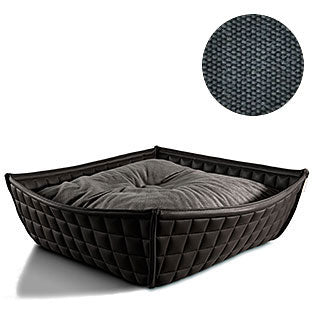 Bowl, un panier pour chat moderne en cuir noir coussin coton gris moyen - kasibe