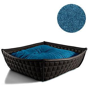 Bowl, un panier pour chat moderne en cuir noir coussin velours pétrole - kasibe