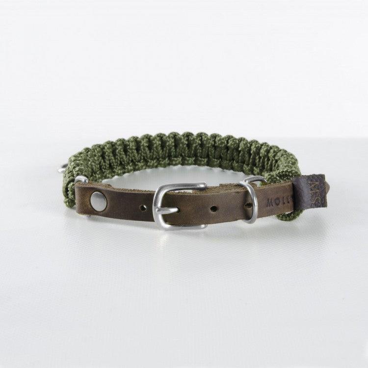 Collier en corde et cuir pour chien Touch of Leather vert boucle argent - kasibe