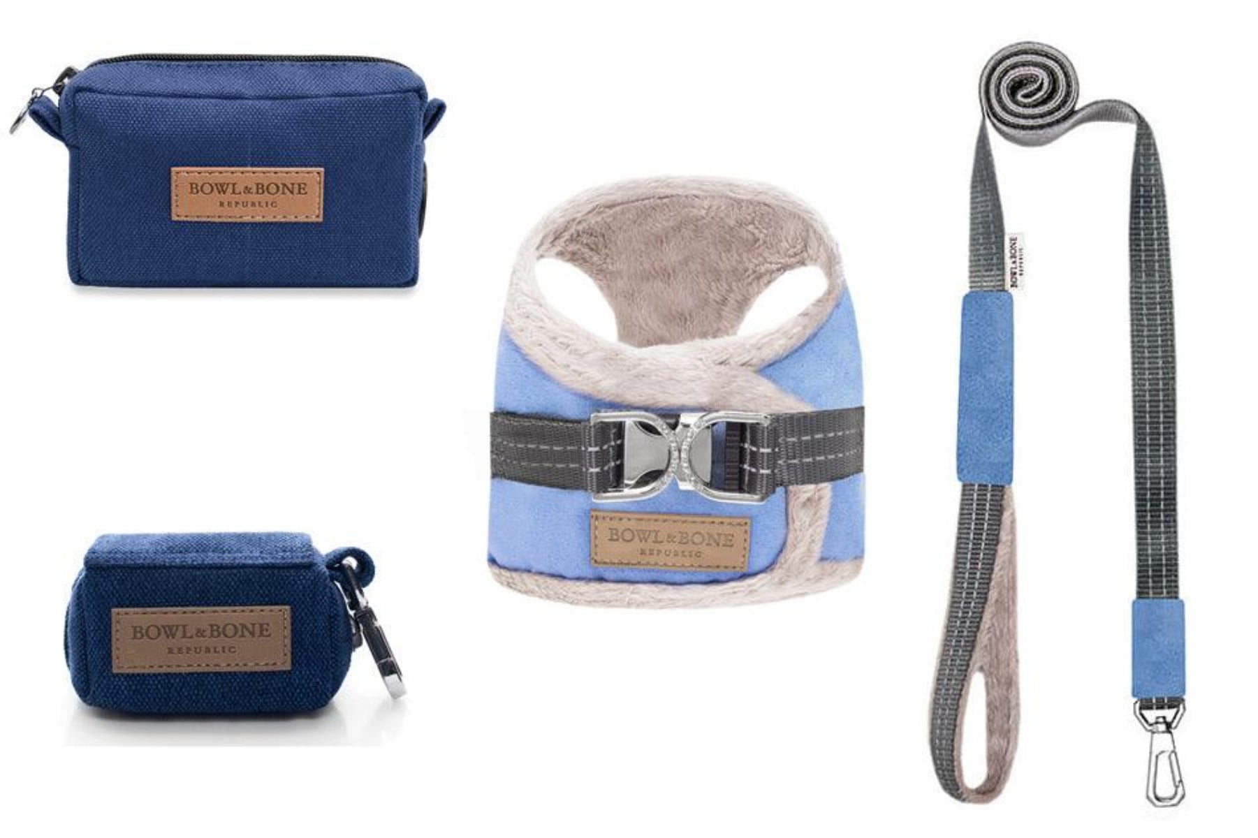 kasibe pack complet comportant harnais et laisse pour chien coordonnée yéti et sac de friandise et sac de promenade bleu bowlandbone