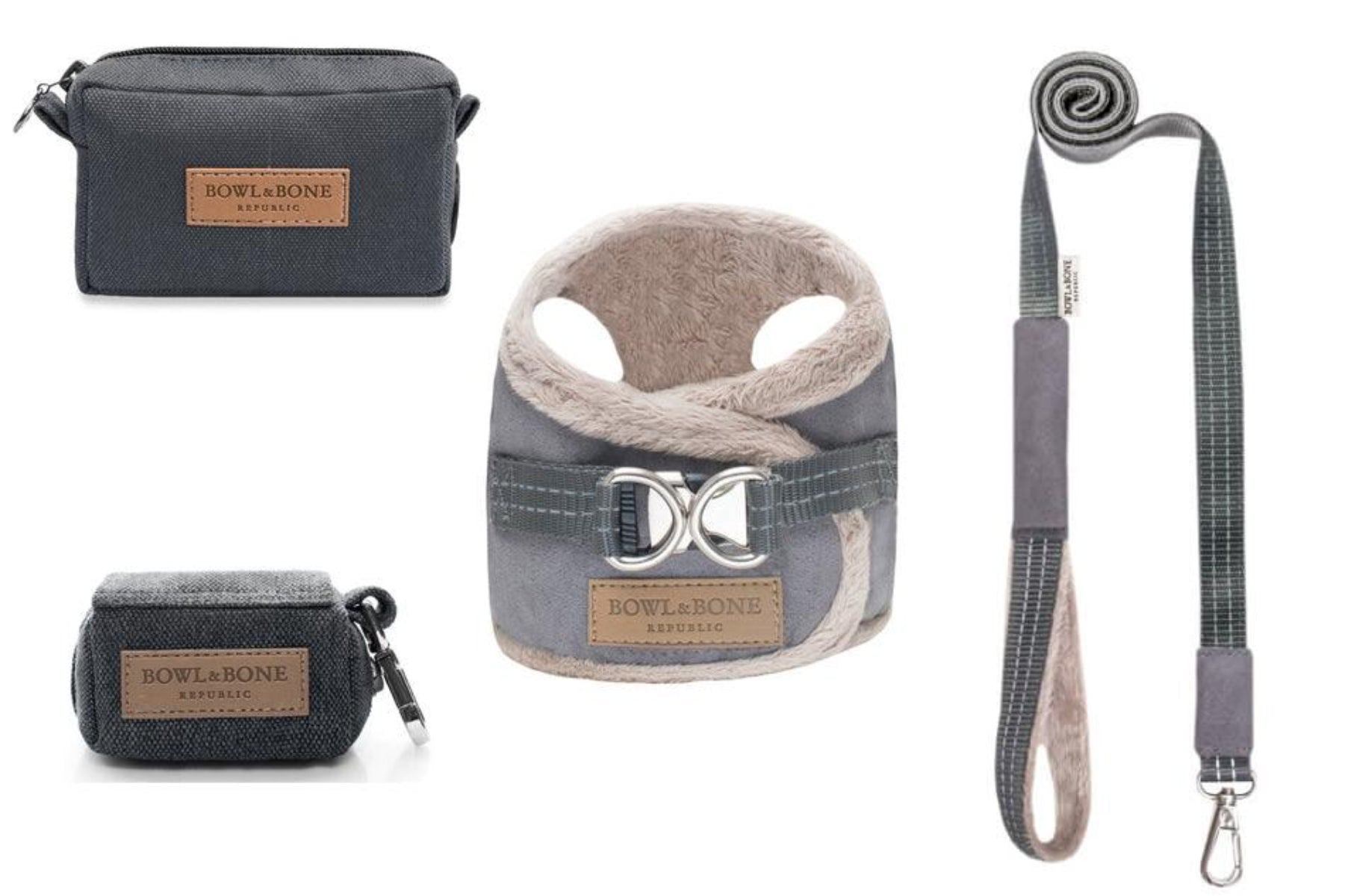 kasibe pack complet comportant harnais et laisse pour chien coordonnée yéti gris et sac de friandise graphite et sac de promenade graphite bowlandbone