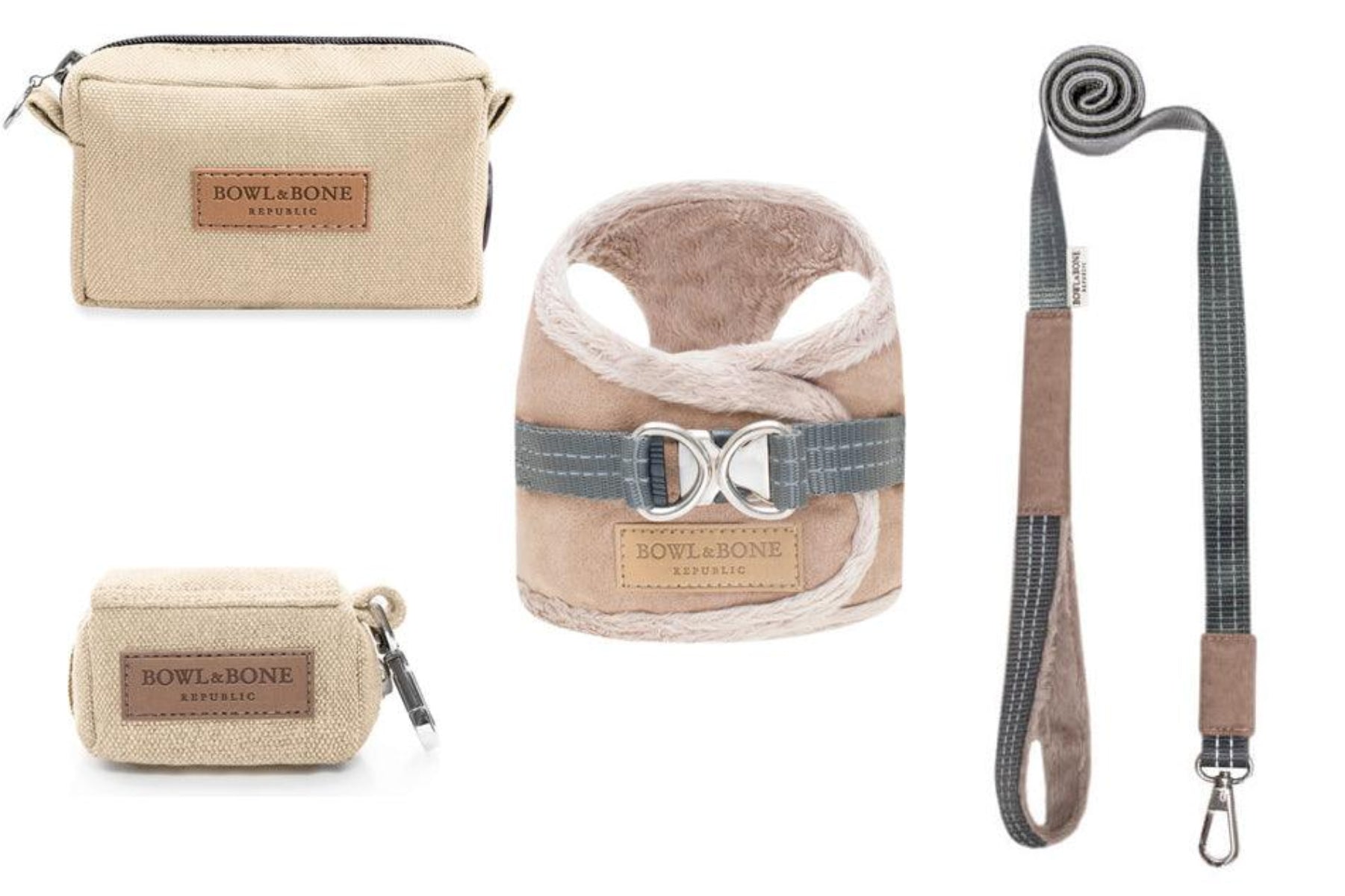 kasibe pack complet comportant harnais et laisse pour chien coordonnée yéti marron et sac de friandise beige et sac de promenade beige bowlandbone