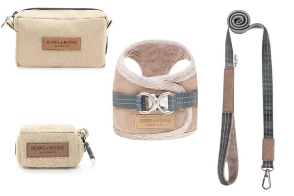 kasibe pack complet comportant harnais et laisse pour chien coordonnée yéti marron et sac de friandise beige et sac de promenade beige bowlandbone