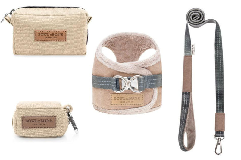 kasibe pack complet comportant harnais et laisse pour chien coordonnée yéti marron et sac de friandise beige et sac de promenade beige bowlandbone
