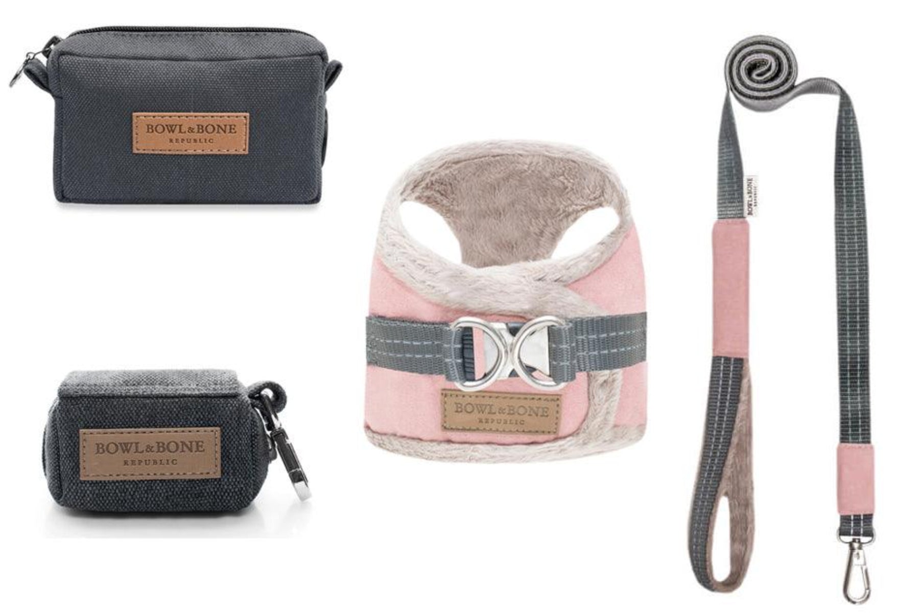 kasibe pack complet comportant harnais et laisse pour chien coordonnée yéti rose et sac de friandise graphite et sac de promenade graphite bowlandbone