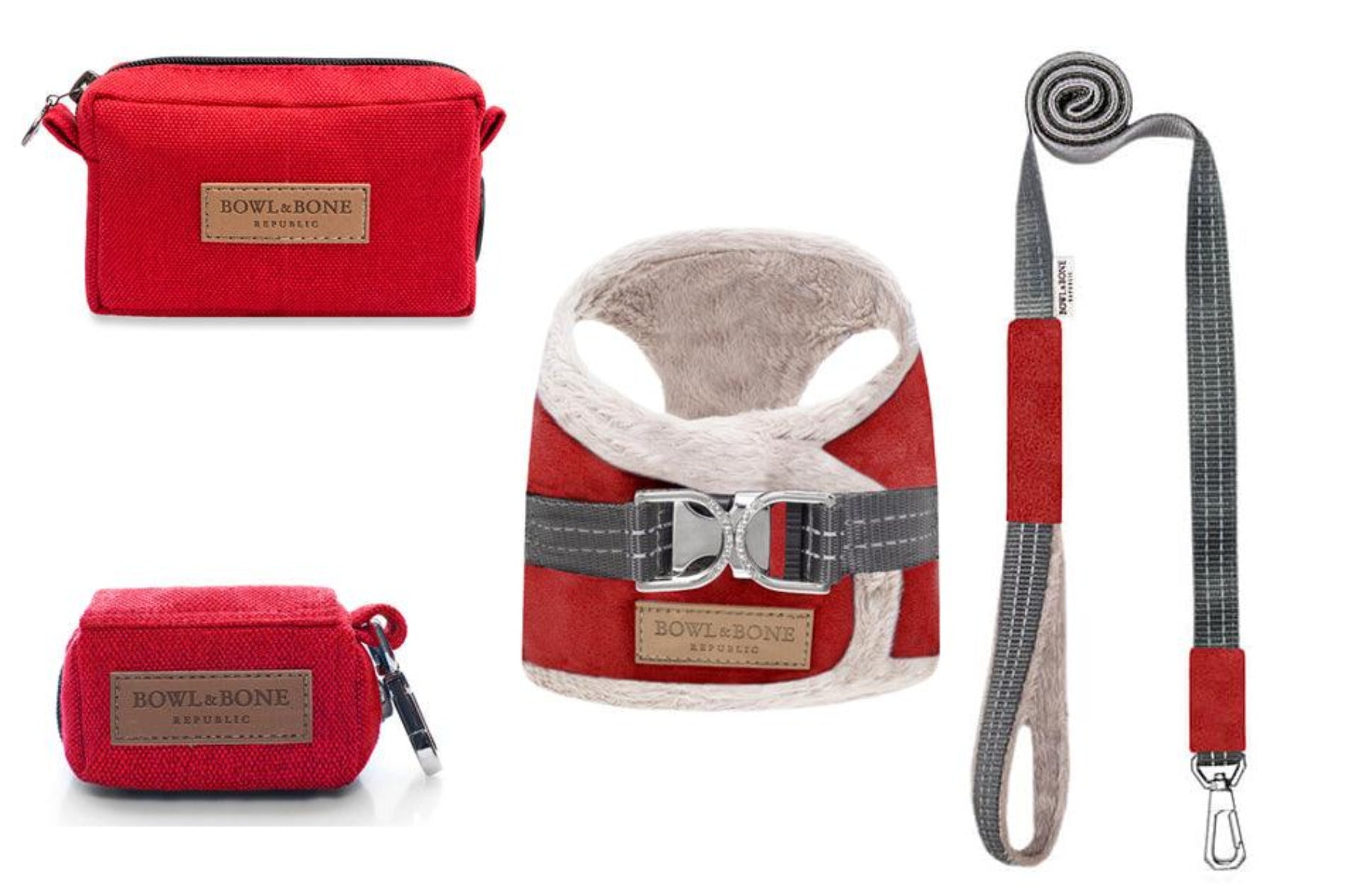 kasibe pack complet comportant harnais et laisse pour chien coordonnée yéti rouge et sac de friandise rouge et sac de promenade rouge bowlandbone