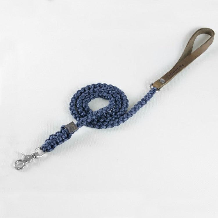 Touch of Leather : laisse pour chien originale en alliance de cuir et corde bleue fixation argent  - Kasibe
