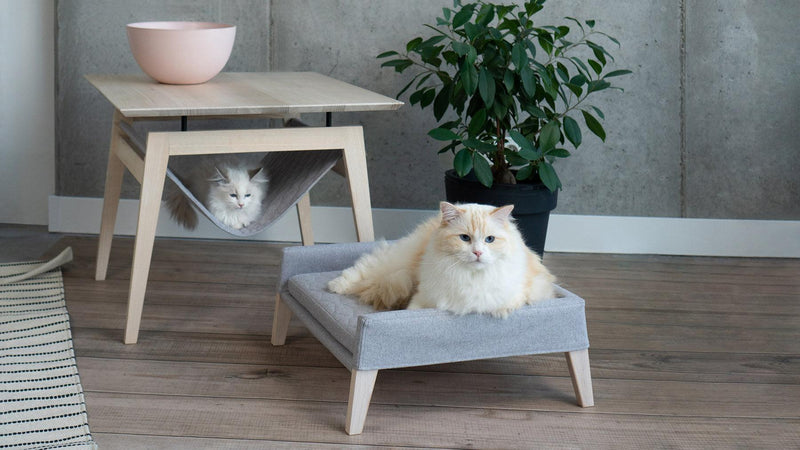 Kikko, un panier pour chat en bois et hamac au style scandinave gris - kasibe